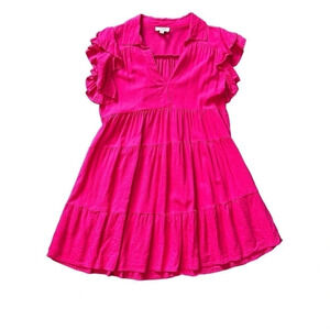 Umgee Hot Pink Ruffle Sleeve Dress Women’s Small EUC Collar‎ Split Tiered